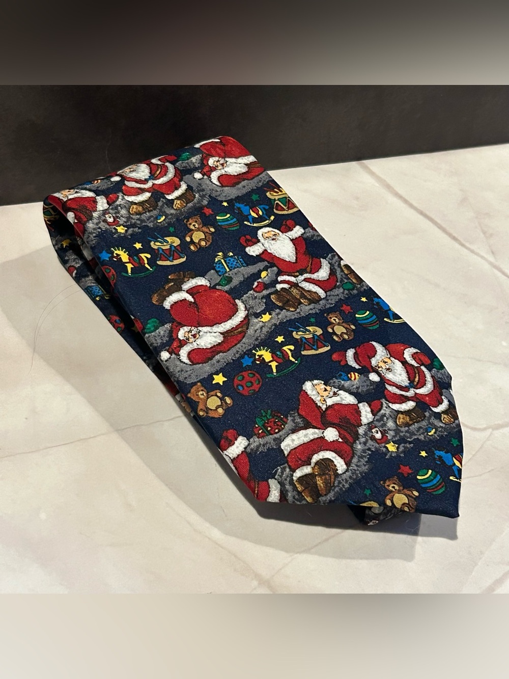 Adolfo Navy Blue Christmas Santa Pattern 59” Tie